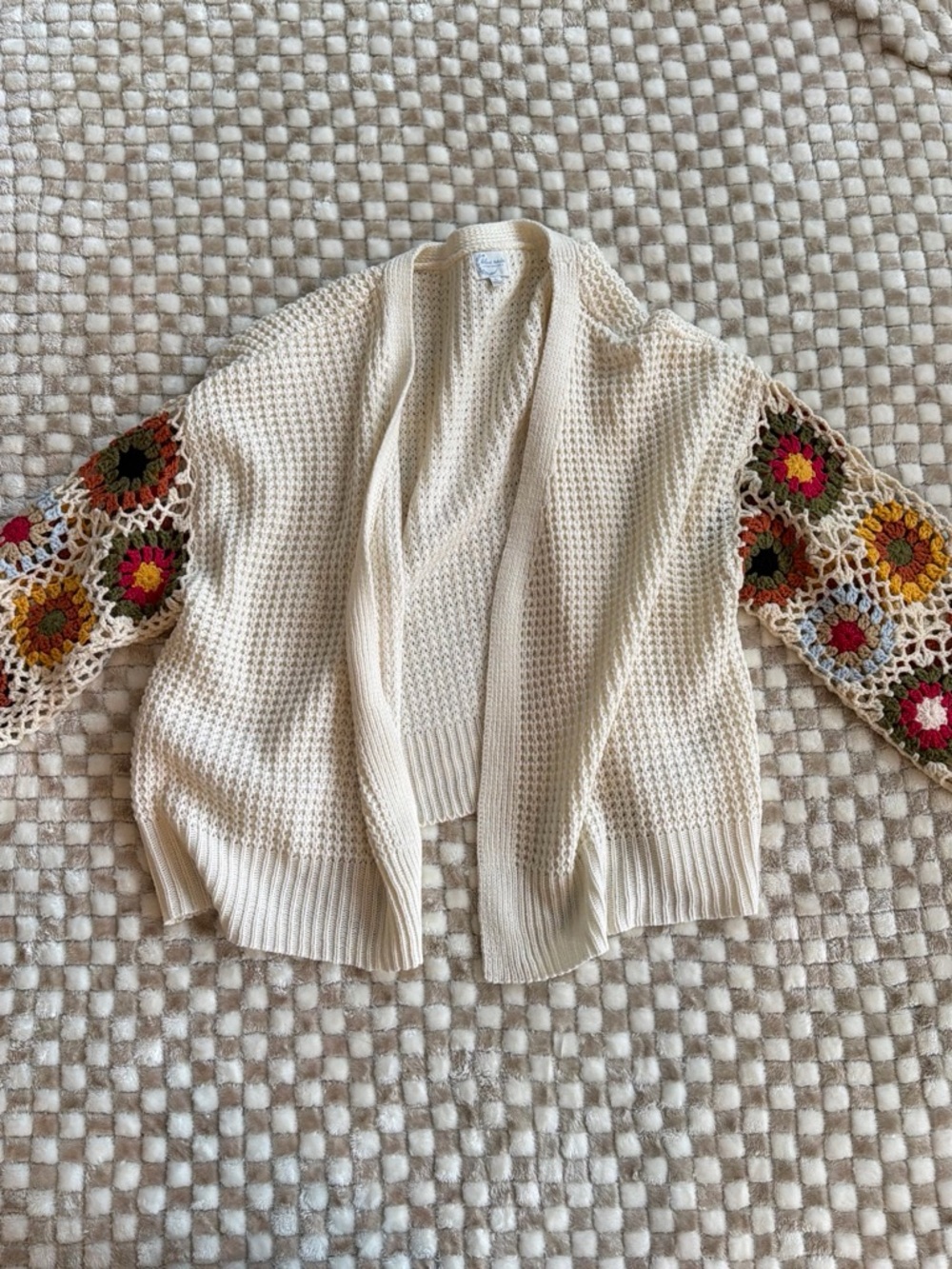 Francesca's Collections Cream Cardigan with Multicolor Crochet Sleeves